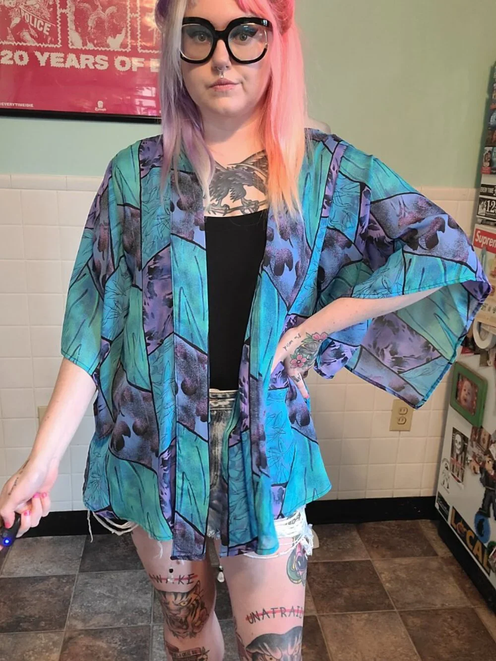 Vintage 90s Purple Teal Sheet Kimono Shawl Wrap Cover Up Whimsical Fairycore